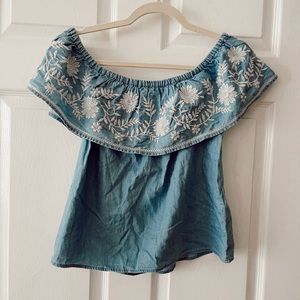 Forever 21 | Chambray Floral Embroidered Off Shoulder Blouse | Size M